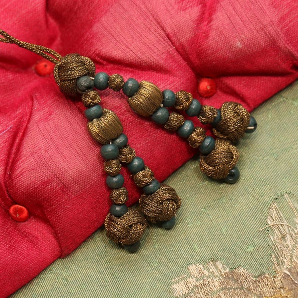 Lovely 1920s antique bobble trim gold wood bead teal  metal unique trim art deco design piece thread sash gold 1920s