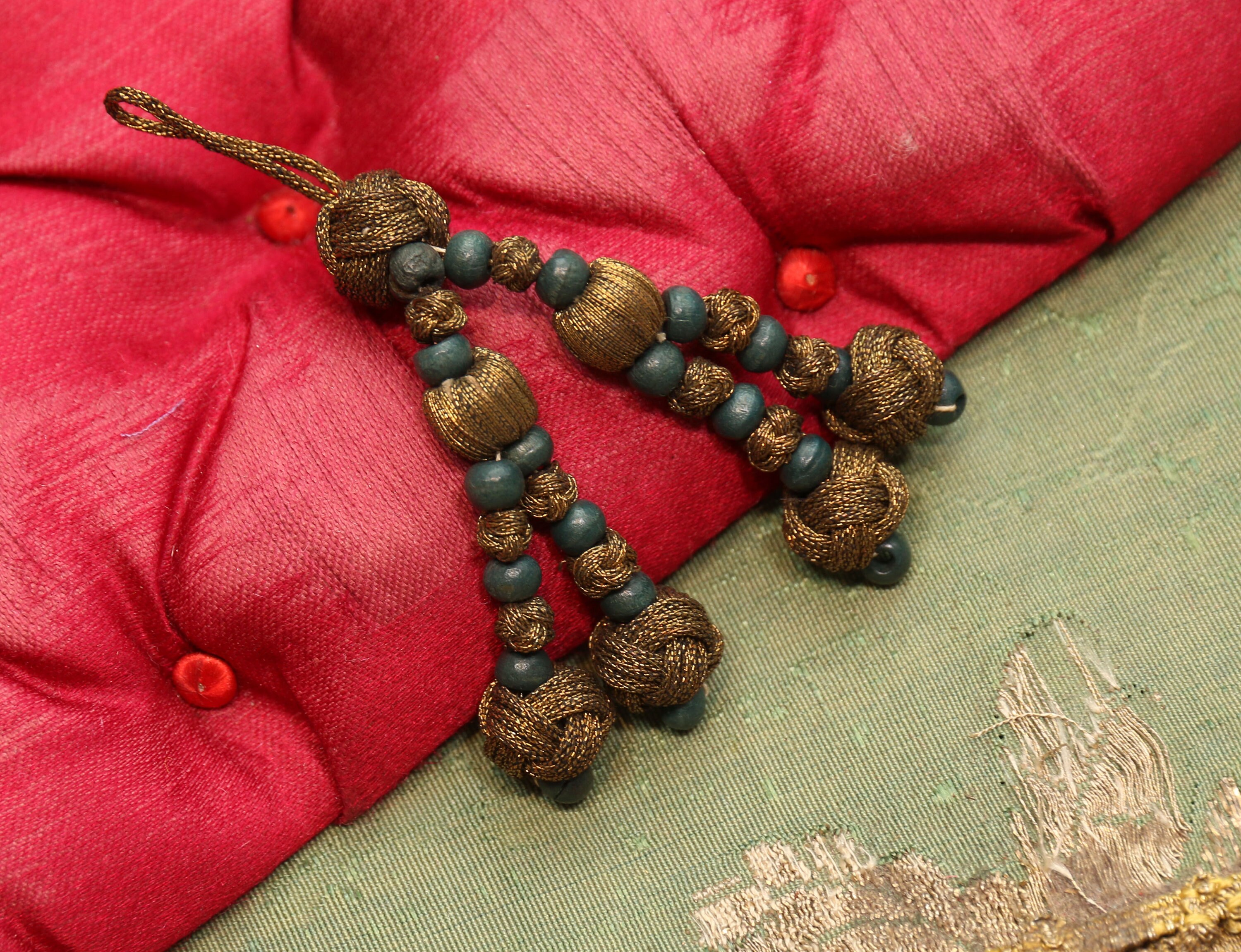 Lovely 1920s antique bobble trim gold wood bead teal  metal unique trim art deco design piece thread sash gold 1920s