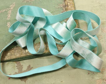 2.5 yards Antique silk velvet satin ribbon trim soft green aqua shade 13/16"  wide  millinery doll hat projects