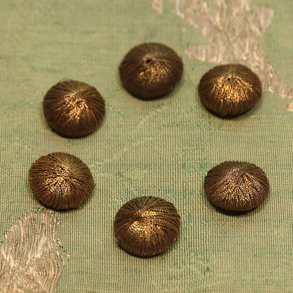 Lot of 6 antique metal passementerie  thread button aged gold 1/2" dolls lush intricate covered multi thread ribbonwork  trim