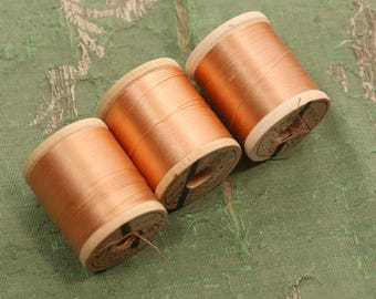Vintage lot 3 pure silk thread spools 2510 apricot peach tan  fly tying dolls belding sewing tying  rod winding flapper millinery corticelli