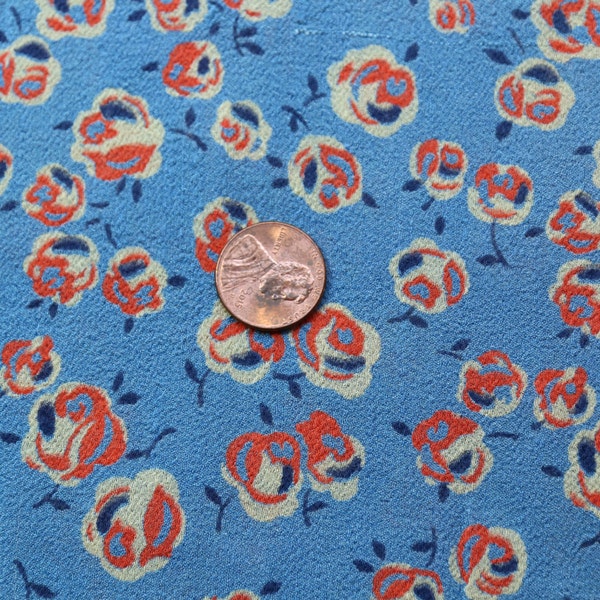 3 yard  piece rare1930s 1940s Vintage rayon chiffon crepe fabric deco flowers pattern 32" wide blue roses material sewing quilt dress wiggle