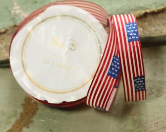 Antique silk flag ribbon on roll badge making ribbonwork appliques satin woven patriotic American motif stripe star blue white red 31"