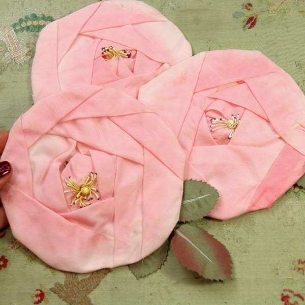 Lot of 3 Giant 6" vintage gorgeous millinery flower bloom soft pink hat trimflapper cloche bonnet regency wired stems