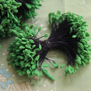 May include: A bunch of green flower buds on thin black wires. The buds are clustered together and are tied with a black wire.