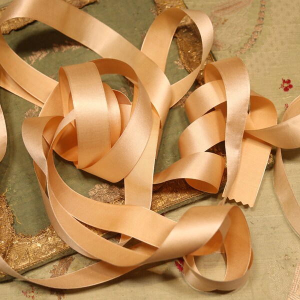 4 yards+ Flapper era silk satin ribbon deep cream for ribbonwork trim wide french dolls silk satin taffeta back 7/8" wide