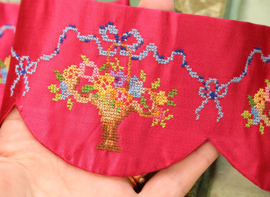 Antique Lush Silk Cross Stitch Ribbon Basket Flower Pink Etsy