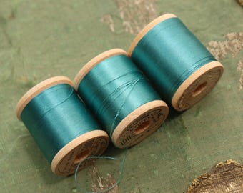 Vintage lot 3 pure silk thread spools 6385 teal aqua blue fly tying dolls belding sewing tying doll rod winding flapper millinery corticelli