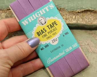 Full card 6 yards vintage 1/2" all cotton bias tape wrights lavender trim ribbon binding 1940s clothing french doll hard to find