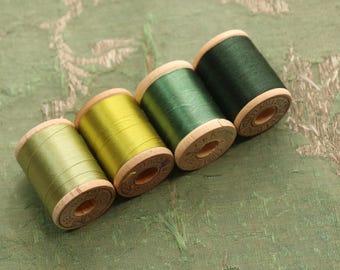 Vintage lot 4 pure silk thread spools warm green fly tying dolls belding sewing tying doll rod winding flapper millinery corticelli