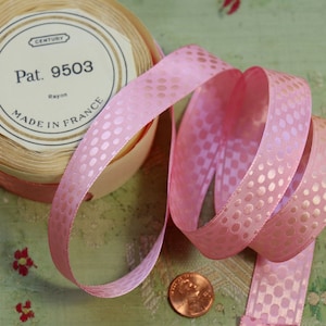 1 yard Antique French ribbon rayon  woven dot taffeta 7/8&quot; wide millinery hat french bubblegum pink shade hat dolls woven dotted