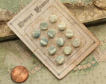 Antique card tiny blue duck egg gray moonstone tiger eye buttons tiny gray 3/8" art deco finest mother of pearl  new old stock