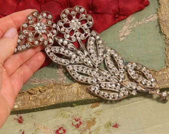 Antique 7" tall 1920s metal applique rhinestone flower millinery  dress sash art deco paste  hat ornament brass flapper