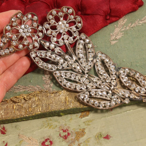 Antique 7" tall 1920s metal applique rhinestone flower millinery  dress sash art deco paste  hat ornament brass flapper