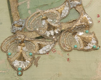Antique lot appliques fabulous beaded sequin trim  gelatin gold 1920s Egyptian revival  wear millinery hat flapper dress applique wow