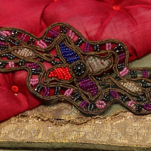Antique glass beaded trim applique metal corded 4.75&quot; 1920s edwardian flapper  French millinery soutache hat cloche flapper doll dress trim