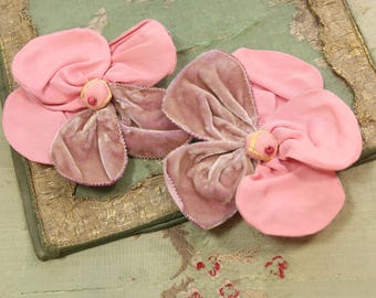 Antique silk ribbonwork lot flower mauve pink plum velvet  unique rose posy millinery trim 1920s edwardian stamen cloche flapper hat bonnet
