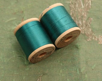 Vintage lot 2 pure silk thread spool rich green blue 6491 fly tying doll belding 100 yard sewing tying doll rod winding millinery corticelli