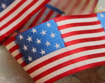 3 silk flags 7.5" long ribbon badge making ribbonwork appliques satin woven patriotic American motif stripe star blue white red