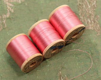 Vintage lot 3 pure silk thread spools 2066 pink fly tying dolls belding sewing tying doll rod winding flapper millinery corticelli