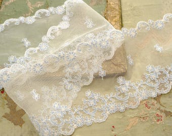 1 yard vintage soft tulle  nylon roses embroidered lace trim 4.5" insertion baby blue flowers tulle floral soft wedding dress french dolls
