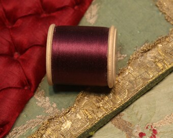 400 yards new old stock size 24 Vintage pure silk thread maroon red brown shade size B C thick unused spool wooden Pearsalls  machine sewing