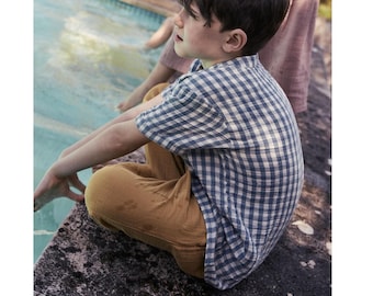 Gingham Button-Up Shirt for Boys, Short Sleeve Summer Shirt, 1-8 Years | Toddler Kids Checkered Top, Blue and White Cotton Shirt
