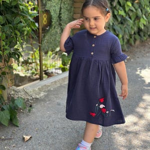 Organic Cotton Muslin Dress for Girls 1-6 Years, GOTS Certified, Ruffle Sleeves, Button Front, 3D Floral Embroidery, Navy Baby Summer Dress
