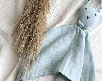 Muslin Bunny Lovey, Organic Baby Comforter Toy, 40 x 40 cm, Soft Security Blanket for Newborns and Toddlers, Neutral Baby Shower Gift