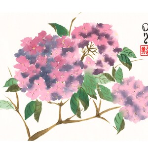 Purple Hydrangeas sumi-e watercolor painting (Print)