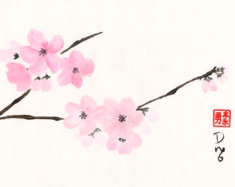 Cherry Blossoms - sumi-e watercolor painting (Print)