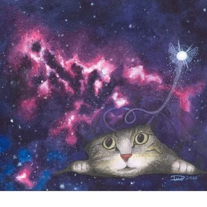 Watercolor mixed media gray tabby cat art, galaxy &quot;Rip in the Fabric of Space&quot;  (Print)
