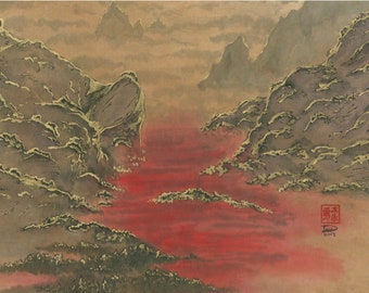 Valley of Blood Chinese watercolor landscape painting (Print)