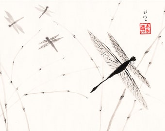 Dragonflies - sumi-e watercolor painting (Print)