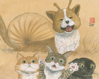 Comical cat artwork - Catventures - Puppysnail - sumi-e watercolor painting (Print)