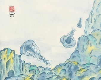 Jellyfish 2 sumi-e watercolor painting (Print)