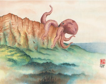 Octopus monster attack! Sumi-e watercolor painting - Revenge of the Tako (Print)