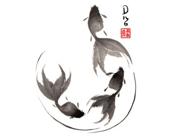 Goldfish sumi-e watercolor painting - Follow the Leader (Print)