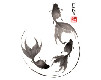 Goldfish Sumi-e Watercolor Painting - Follow the Leader