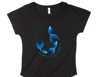 Goldfish Sumi-e Style in Blue - Womens Dolman, fitted v-neck, curvy styles