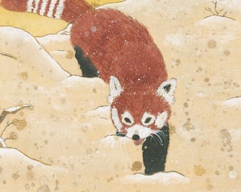 Red Panda in the Snow - sumi-e watercolor painting (Print)