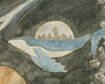 Space Whale Seattle Print – Sumi-e Watercolor, Seattle Art