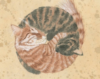 Yin Yang cats sumi-e watercolor painting - Harmony (Print)