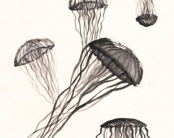 Jellyfish - sumi-e watercolor painting (Print)