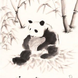 Panda Family sumi-e watercolor painting (Print)