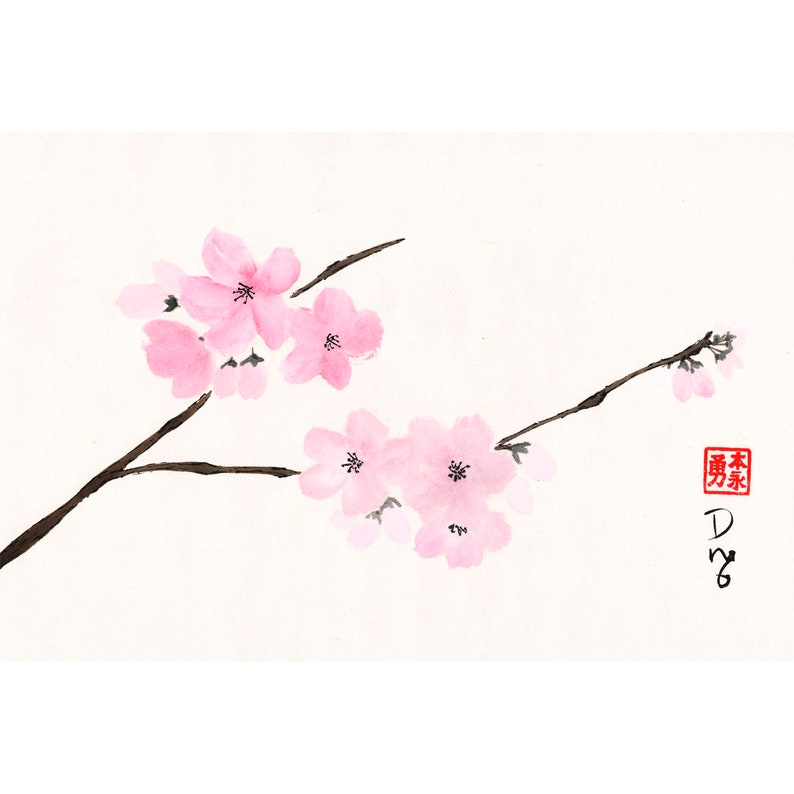 Cherry Blossoms Sumie Watercolor Painting print Etsy