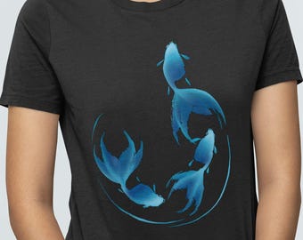 Goldfish Sumi-e Style in Blue - Womens relaxed fit, slim fit, curvy, crop tee