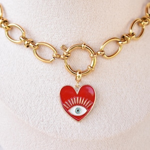 Gold Charm Heart Necklace,Gift for Her,Evil Eye Heart Necklace,Summer Necklace,Statement Jewelry,Gold Chain Necklace