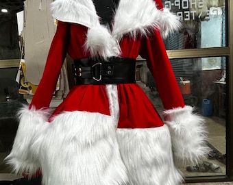 Women’s Santa Red Velvet Dress with Fluffy Trim & Belt Coat – Holiday Christmas Party Costume