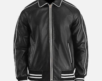 Handmade Black Leather Varsity Jacket: Retro Sport Bomber
